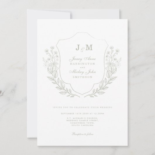 Sage Green Monogram Crest Faire-part de mariage (Devant)