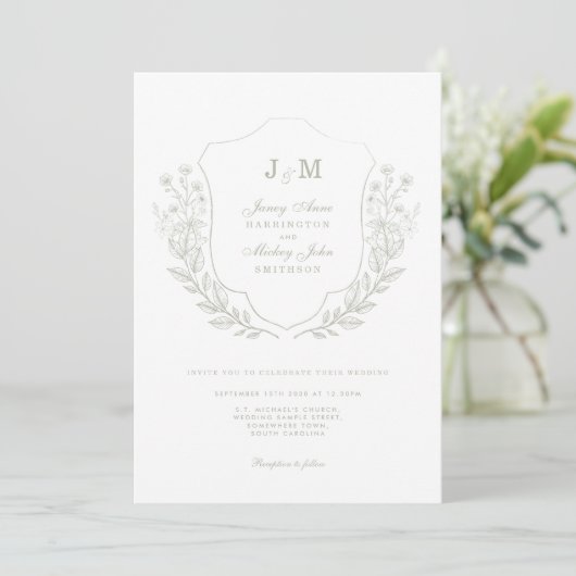 Sage Green Monogram Crest Faire-part de mariage (Debout devant)