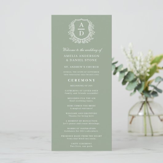 Sage Green Monogram Crest Wedding Programme (Debout devant)