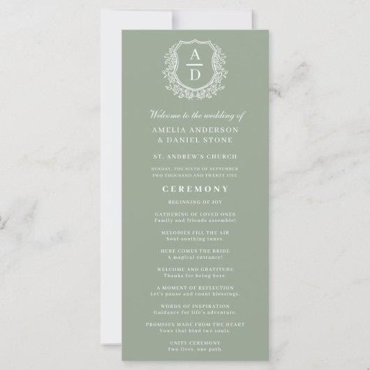 Sage Green Monogram Crest Wedding Programme (Devant)