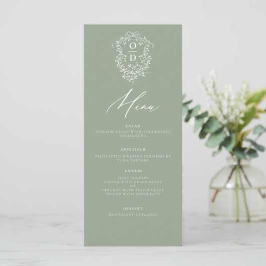 Sage Green Monogram Elegante Trouwreceptie Menu (Staand voorkant)