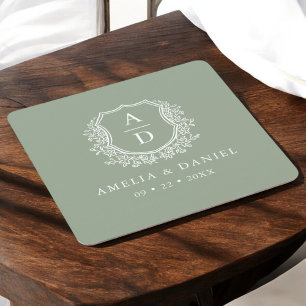 Sage Green Monogram Huwelijk Floral Crest Elegant Vierkante Kartonnen Onderzetter