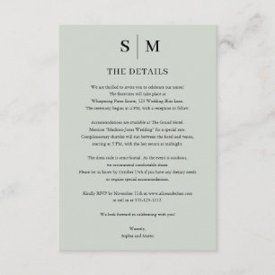 Sage Green Monogram Minimalistische Trouwdetails Informatiekaartje