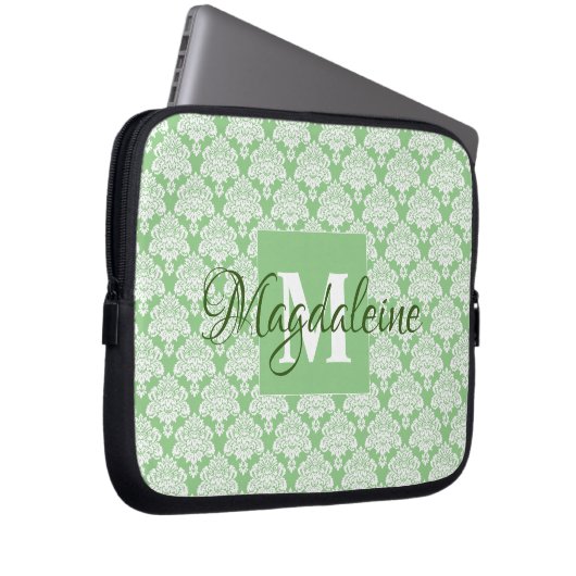 Sage Green Monogram & Name  Damask Pattern Laptop Sleeve (Voorkant Rechts)