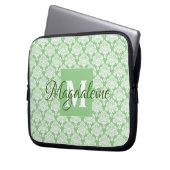 Sage Green Monogram & Name  Damask Pattern Laptop Sleeve (Voorkant Links)