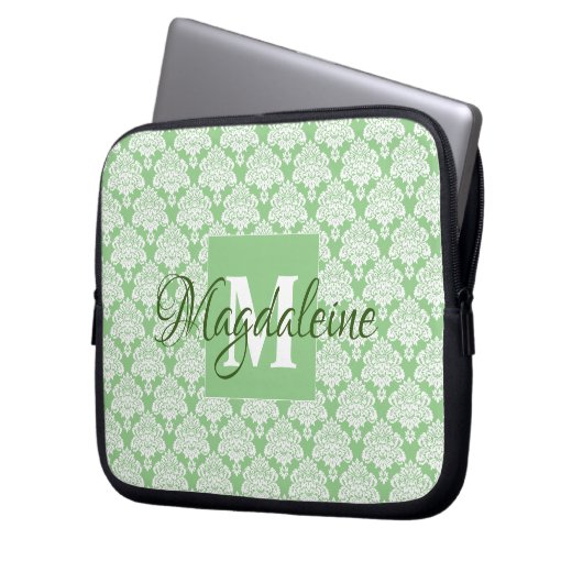 Sage Green Monogram & Name  Damask Pattern Laptop Sleeve (Voorkant Links)