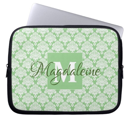 Sage Green Monogram & Name  Damask Pattern Laptop Sleeve (Voorkant)