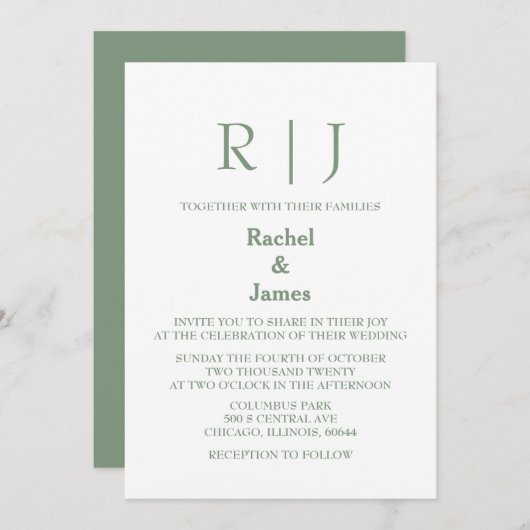 Sage Green Monogram QR Code Classy Minimal Wedding Kaart (Voorkant / Achterkant)
