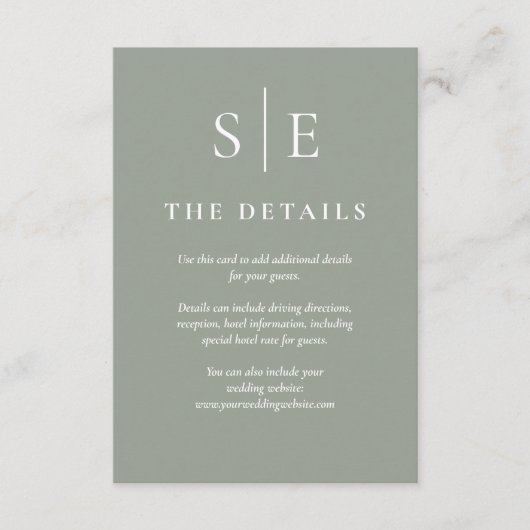 Sage Green Monogram Simple Weddenschap Details Informatiekaartje (Voorkant)