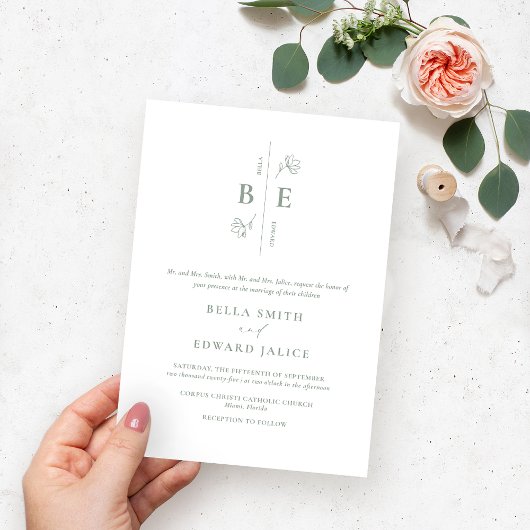 Sage Green Monogram Wedding Kaart