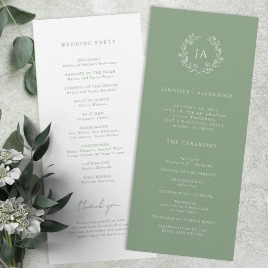Sage Green Monogram Wedding Programma