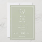 Sage green monogram wreath wedding save the date (Voorkant)