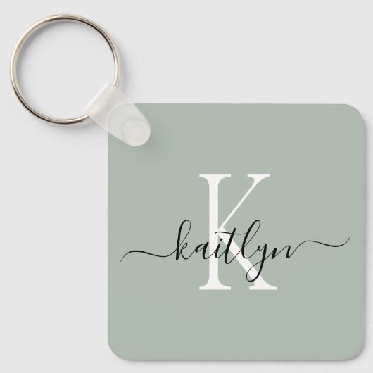 Sage Green Name Initiaal monogram Sleutelhanger (Voorkant)