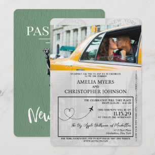 Sage Green New York Passport Wedding Kaart