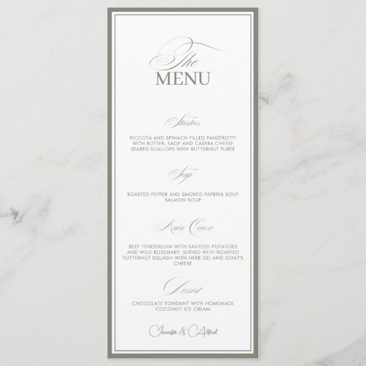 Sage Green Old Money Wedding Red Dinner Menu Card (Devant)