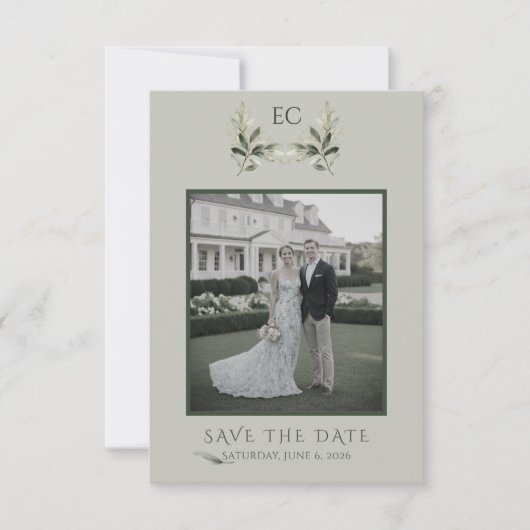 Sage Green Olive Branch Monogram Photo Wedding Save The Date (Voorkant)