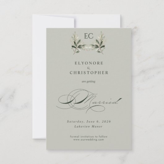 Sage Green Olive Branch Monogram Photo Wedding Save The Date (Achterkant)