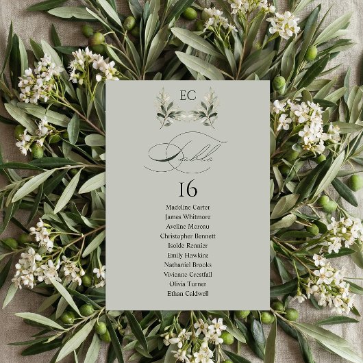 Sage Green Olive Branch Monogram Table Number Kaart