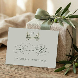 Sage Green Olive Branch Monogram Wedding Bedankkaart
