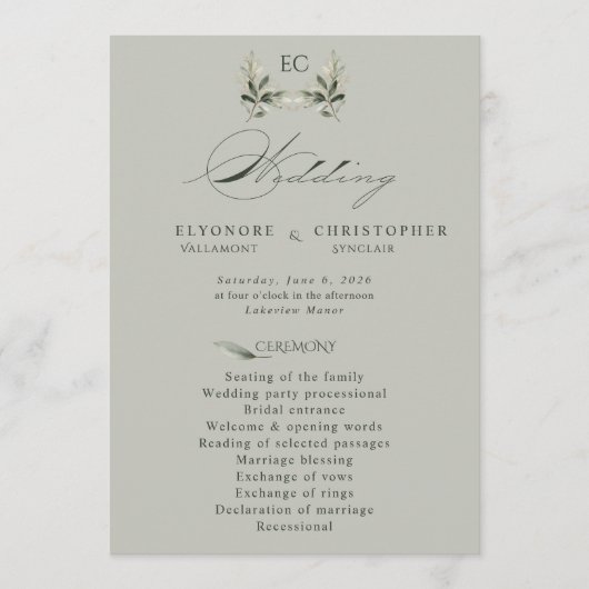 Sage Green Olive Branch Monogram Wedding Program  Programma (Voorkant)