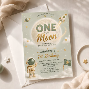 Sage Green One The Moon Verjaardagsfeest Astronaut Kaart