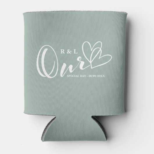 Sage Green Onze Harten Trouwen / Jubileum Blikjeskoeler (Voorkant)