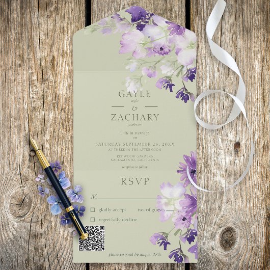 Sage Green Paars Boho Floral QR Code All In One Uitnodiging