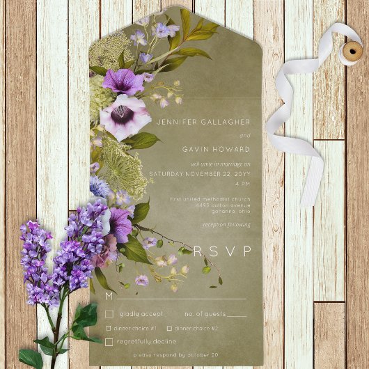 Sage Green & Paarse Floral Modern Dinner All In One Uitnodiging