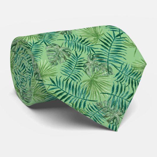 Sage Green Palm Leaf Motif Tropical Cravate (Roulé)