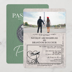 Sage Green Paris Passport Wedding Kaart