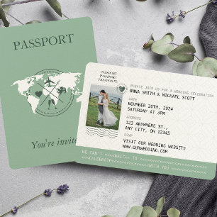 Sage Green Passport Destination Wedding Invitation Kaart