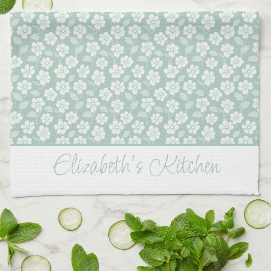 Sage Green Pastel Light Mint Witte Boho Bloemen Theedoek (Gevouwen)