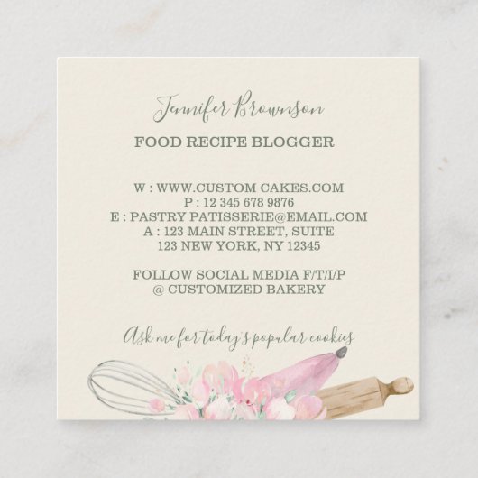 Sage Green Pastry Chef mok Boho chic Bakery Vierkante Visitekaartje (Achterkant)