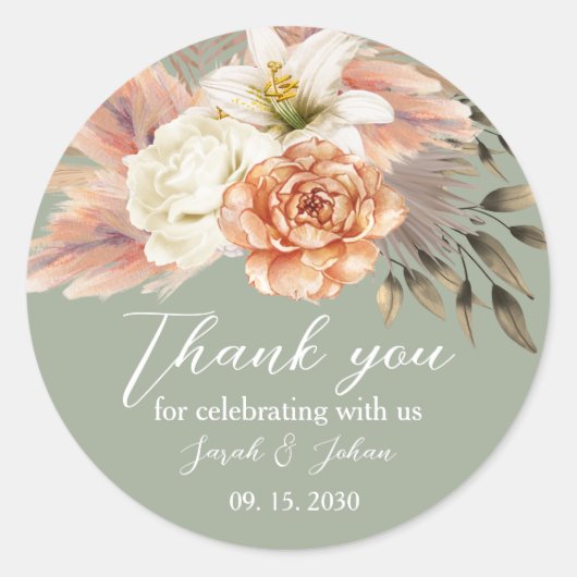 Sage Green Peach Floral Mariage Sticker Merci (Devant)