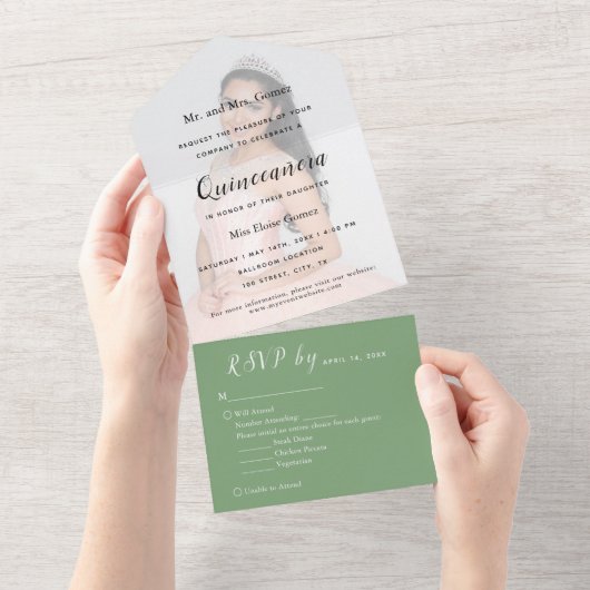 Sage Green Photo Backdrop RSVP Invitation de l'évé (Déchirure)