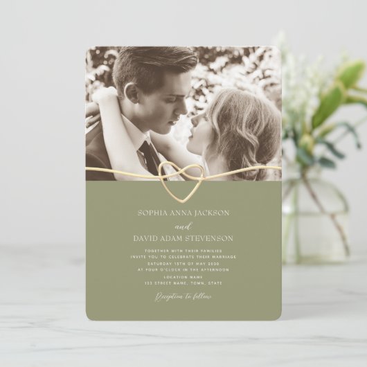 Sage Green Photo Faire-part de mariage avec code Q (Debout devant)