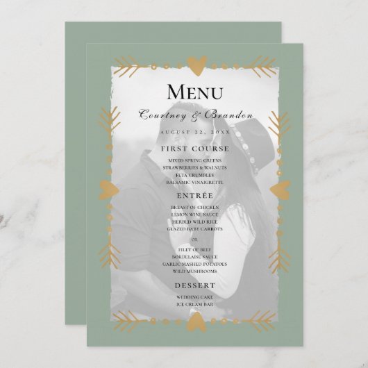 Sage Green Photo moderne Gold Hearts Mariage Menu (Devant / Derrière)