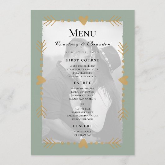 Sage Green Photo moderne Gold Hearts Mariage Menu (Devant)