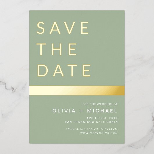 Sage Green Photo Save the Date Elegant Gold Folie Uitnodiging (Voorkant)