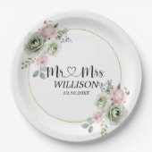 Sage Green & Pink Flowers bruiloft Papieren Bordje (Voorkant)