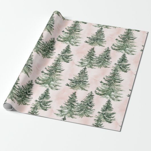 Sage Green & Pink Pine Trees Pattern Cadeaupapier (Uitgerold)