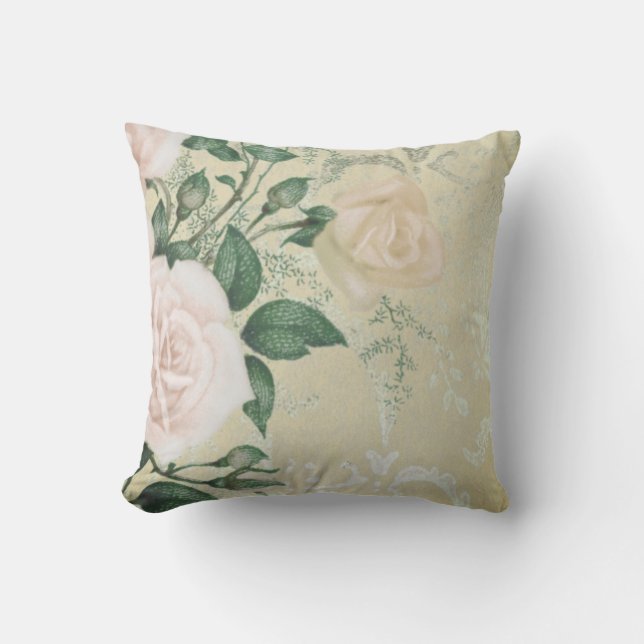 Sage Green Pink Rose Floral  Cushion Kussen (Voorkant)