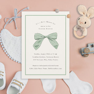 Sage Green Plaid Bow Elegant Baby shower Kaart