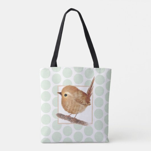Sage Green Polkadot Puffy Wren Bird Draagtas (Achterkant)