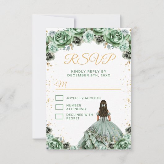 Sage Green Princess Floral Quinceañera RSVP Kaartje (Voorkant)