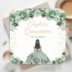 Sage Green Princess Floral Quinceañera Vierkante Kartonnen Onderzetter