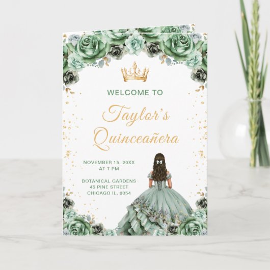 Sage Green Princesse Floral Quinceañera Programme (Devant)