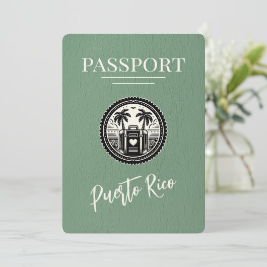 Sage Green Puerto Rico Passport Save The Date (Staand voorkant)