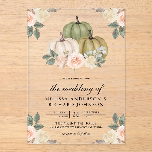Sage Green Pumpkin and Dusty Peach Floral Wedding Acryl Uitnodigingen (Voorkant)