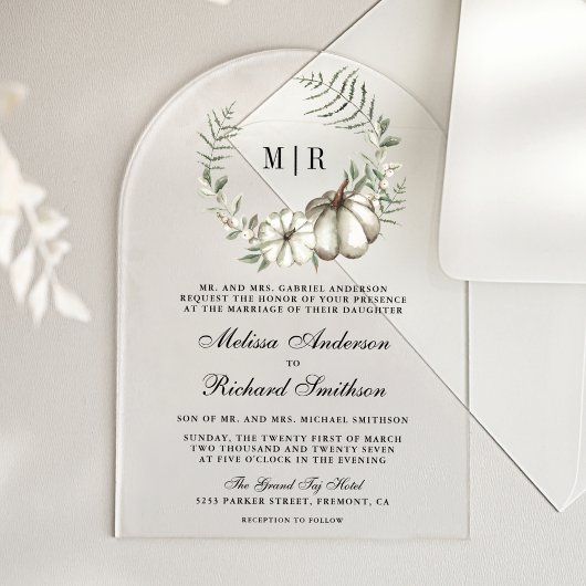 Sage Green Pumpkin Wreath Wedding Acryl Uitnodigingen